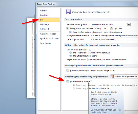 Guardar las fuentes TrueType en PowerPoint