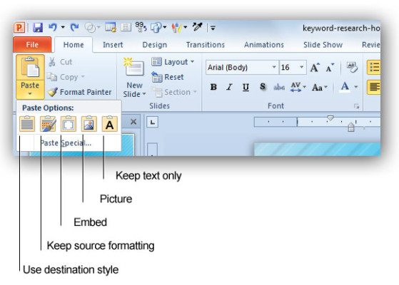 Opciones de Copiar y Pegar en PowerPoint 2010